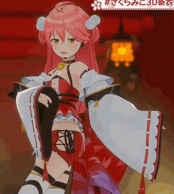 a girl with pink hair is standing in front of a sign that says 3d on it