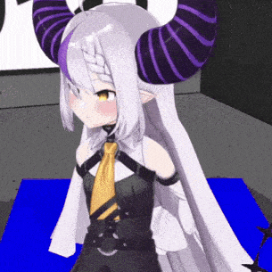 a girl with purple horns is wearing a black and yellow tie