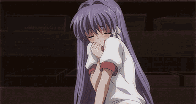 a girl with purple hair is wearing a white and red shirt