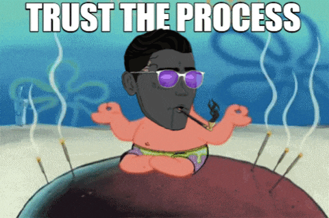 a cartoon of patrick star smoking a cigarette with the words trust the process above him