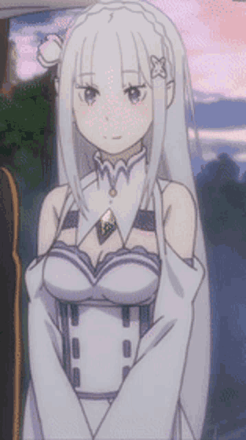 a white haired anime girl with a purple necklace