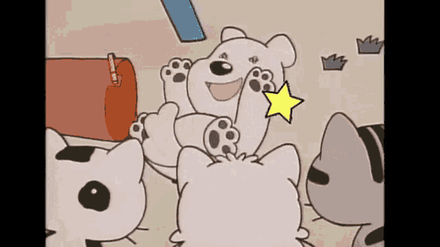 a cartoon of a polar bear surrounded by cats .