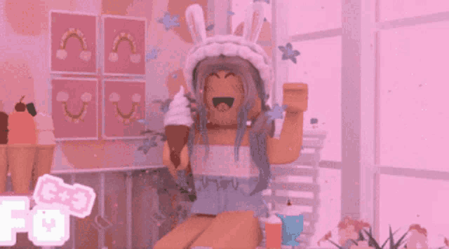 a girl in a bunny hat is holding an ice cream cone in front of a sign that says " info "