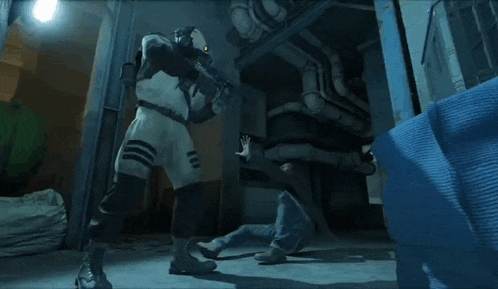a man in a gas mask is shooting a gun at another man