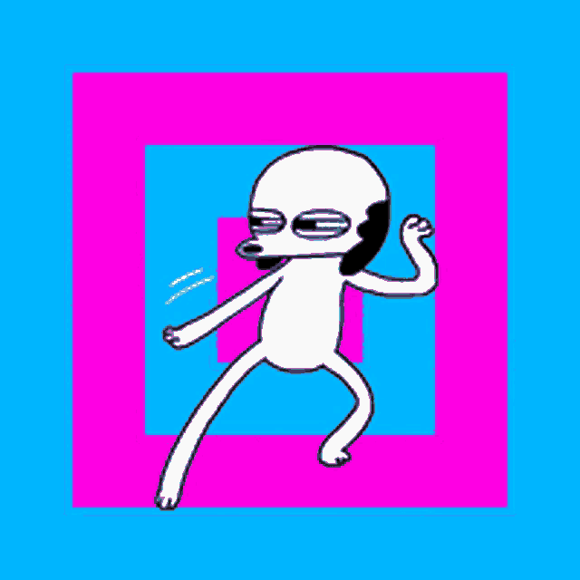 a cartoon character is dancing in a square on a blue and pink background .
