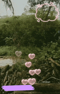 a picture of a forest with hearts coming out of it and a pink cloud