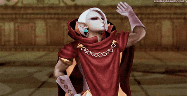 a video game character wearing a red cape and gloves with the caption fantasybasedreality