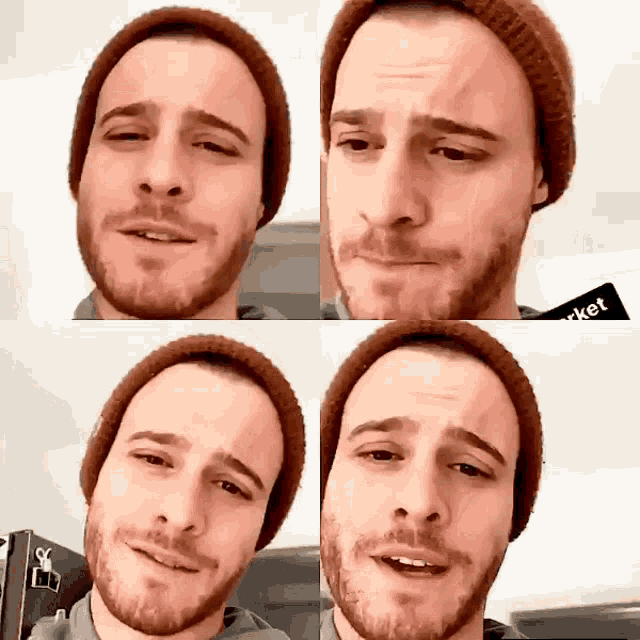 four pictures of a man wearing a beanie with the word market on the bottom