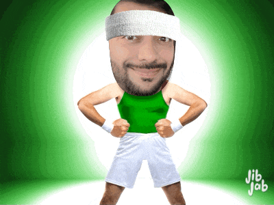a cartoon of a man wearing a green tank top and white shorts with jib jab written on the bottom
