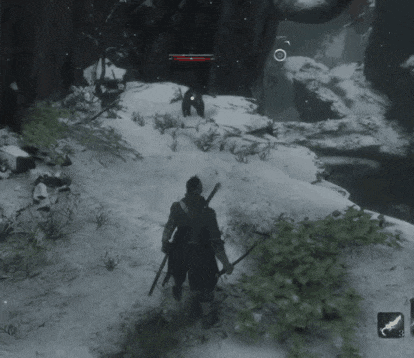 a person in a video game is standing in the snow holding a sword