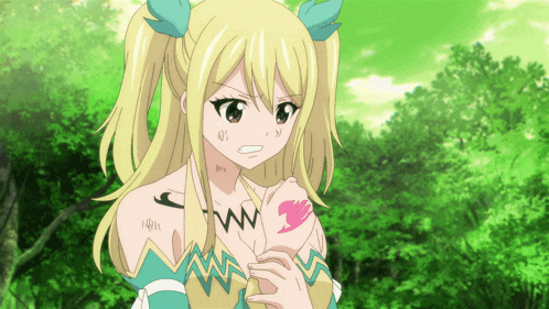 a blonde anime girl with a tattoo on her arm