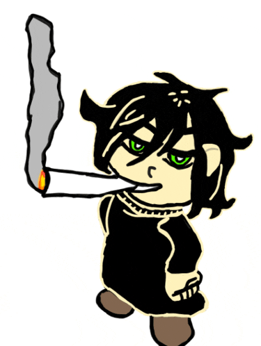a cartoon drawing of a person with green eyes smoking a cigarette