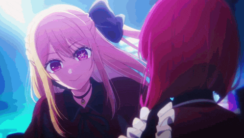 two anime girls are standing next to each other and looking at each other . one of the girls is blonde and the other is red .