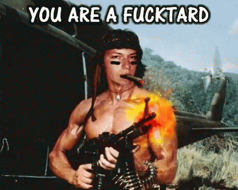 a shirtless man holding a gun with the words " you are a fucktard " written above him