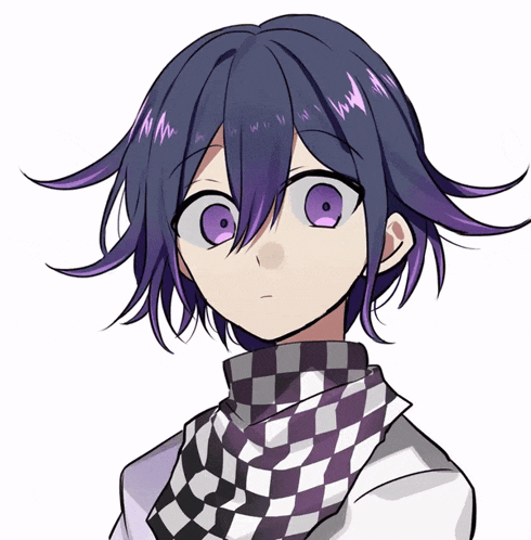 a girl with purple hair and a checkered scarf