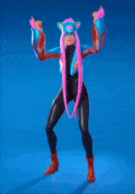 a woman in a cat costume is dancing in a video game and pointing at something .