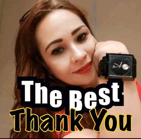a woman wearing a watch with the words " the best thank you " written above her