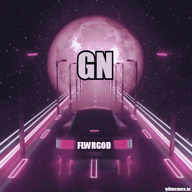a car is driving down a road with a full moon in the background and the word gn written above it