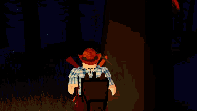 a roblox character wearing a cowboy hat and plaid shirt is standing in a dark forest
