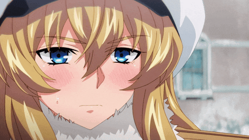 a close up of a blonde anime girl with blue eyes and a white hat