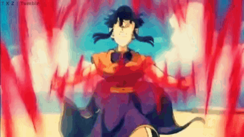a cartoon character is surrounded by red flames .