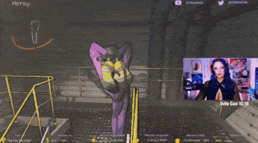 a woman playing a video game with horny written on the top left
