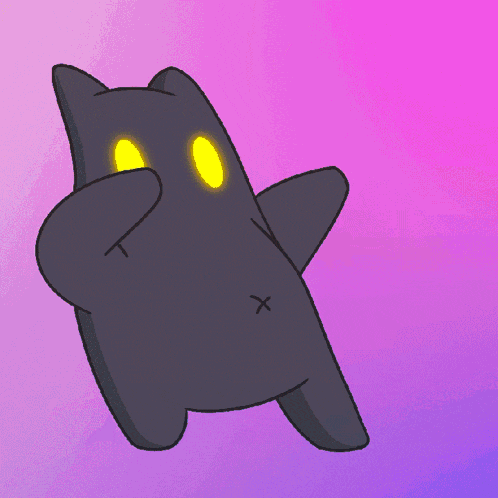 a cartoon drawing of a black cat with yellow eyes