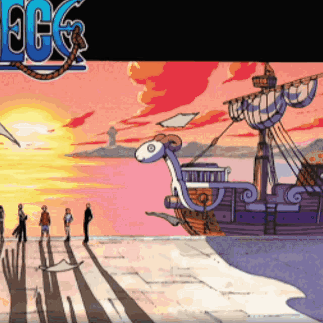 a cartoon drawing of a ship with the word one piece on the bottom
