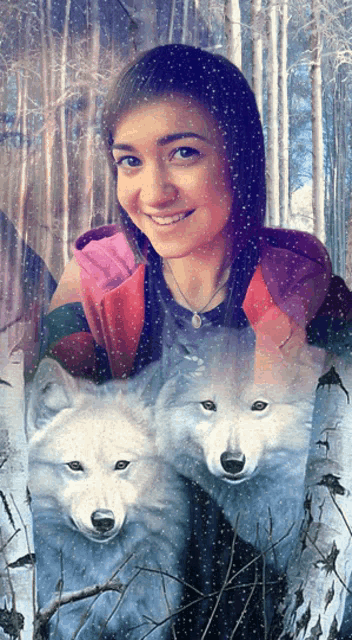 a woman is surrounded by wolves in a painting