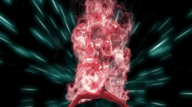 a person in a red suit is surrounded by red flames and smoke
