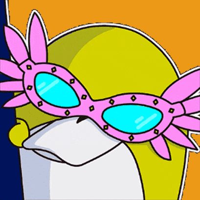 a cartoon penguin is wearing a pink mask with blue lenses