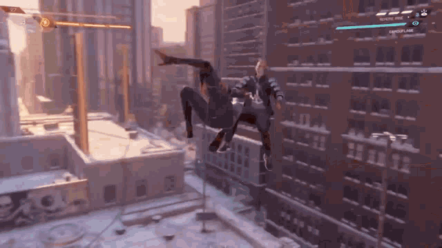 a man is flying through the air in a video game while another man is hanging from a building .