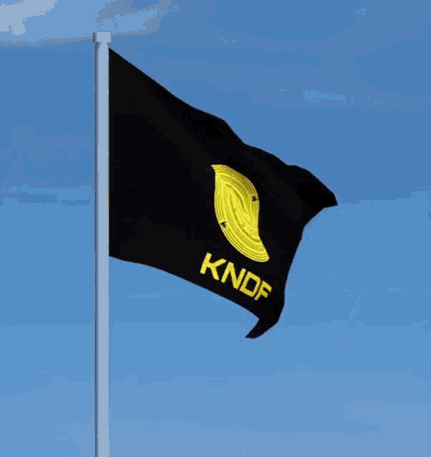 a black flag with a yellow circle and kndf written on it
