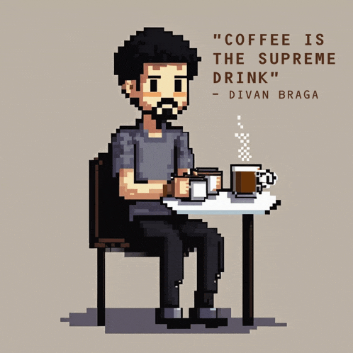 a pixel art of a man sitting at a table with two cups of coffee