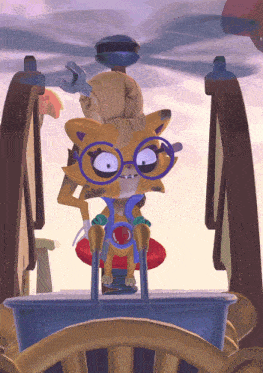 a cartoon character wearing glasses and a wrench on her head