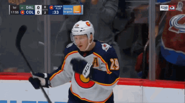 a hockey player with the number 20 on his jersey is holding a hockey stick