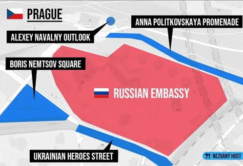 a map showing russian embassy in prague