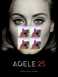 a poster for adele 25 shows a woman with four pictures of cats on her face