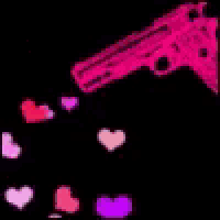 a pink gun with hearts coming out of it on a black background .
