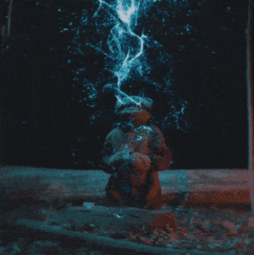 a painting of a blue lightning bolt in the water