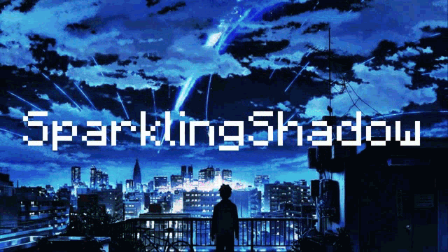 a man stands on a balcony overlooking a city with sparkling shadow written in white letters