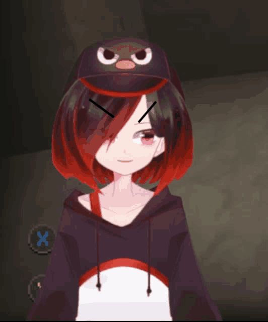a girl with red hair is wearing a hat with an angry bird on it