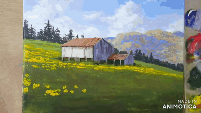 a painting of a barn in a field of yellow flowers is made in animatica
