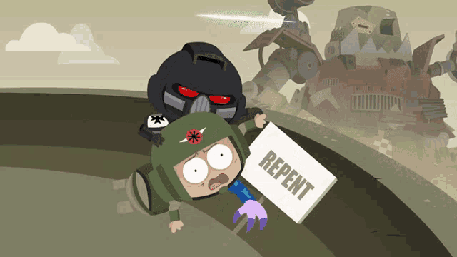a cartoon of a soldier holding a sign that says repent