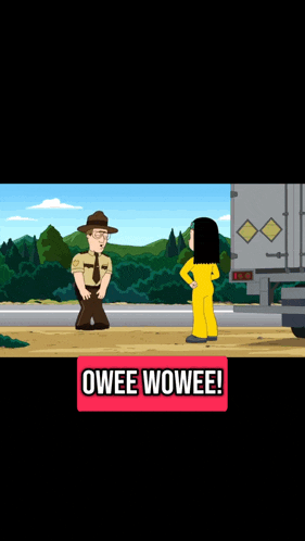 a cartoon of a man and a woman standing next to each other with the words owee wowee on the bottom right