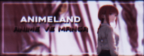 a girl with red hair is standing in front of an animeland banner
