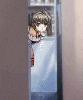 a cartoon girl is peeking out from behind a refrigerator door
