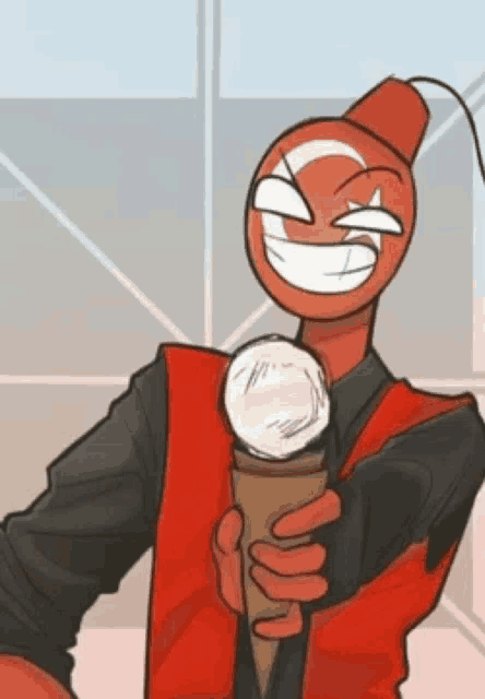 a cartoon character is holding a cone of ice cream and smiling at the camera .