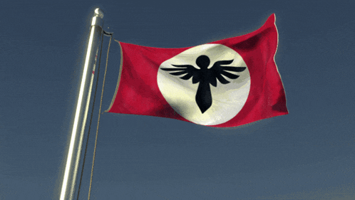 a red and white flag with a black bird in the middle