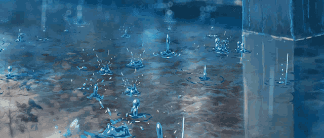 a painting of rain drops falling on a concrete surface